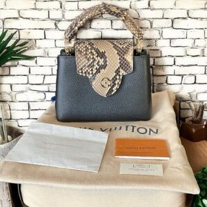 Louis Vuitton Capucines PM Black Calfskin Python Trim Gold Hardware Top Handle B